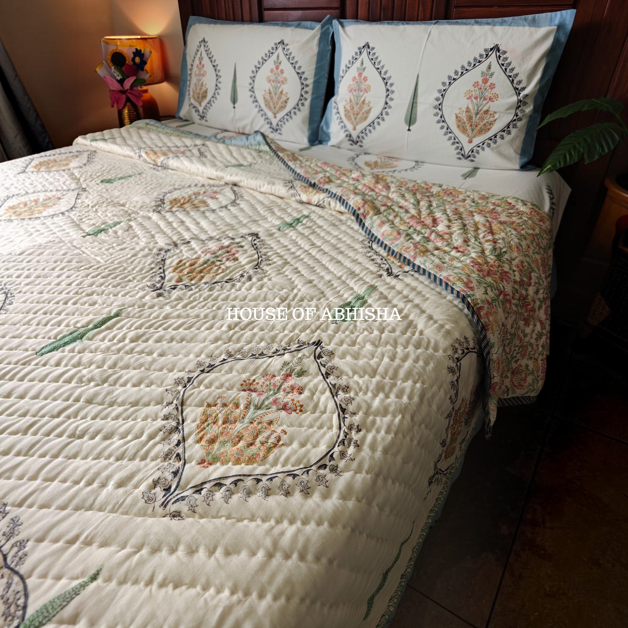 Mughal Bagh Handblock Bedsheet + Quilt Combo Set