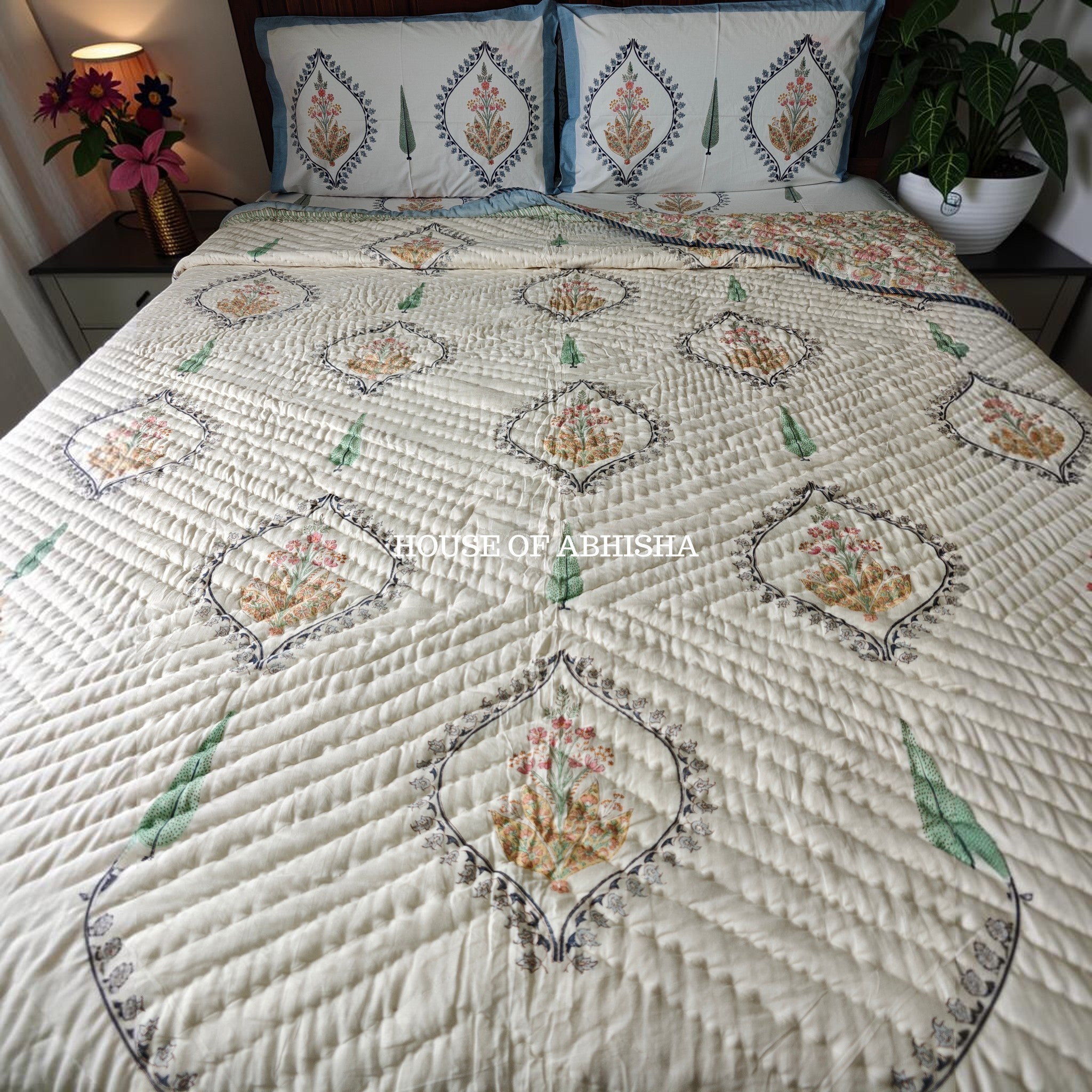 Mughal Bagh Handblock Bedsheet + Quilt Combo Set