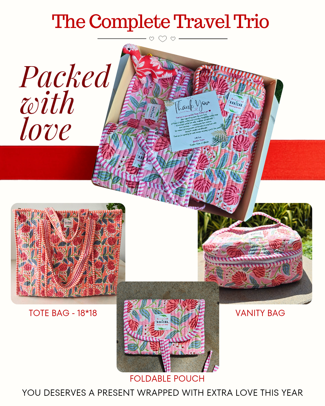 The Complete Travel Trio – Quilted Tote, Vanity Bag & Foldable Pouch Gift Set
