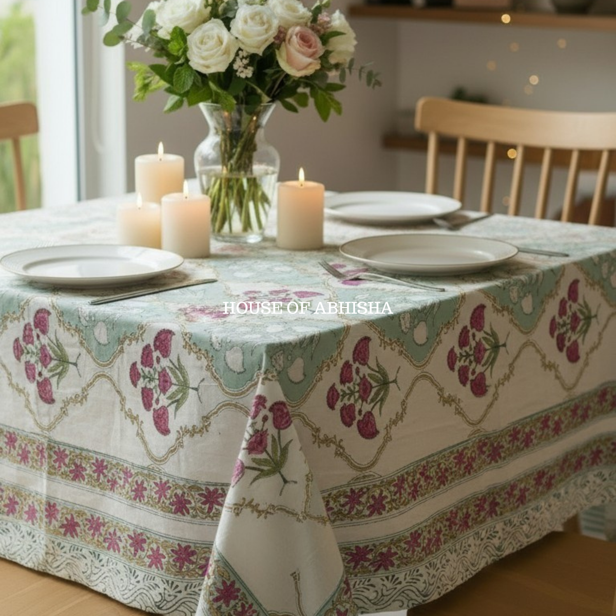 French Garden Handblock Printed South Cotton Table Cover