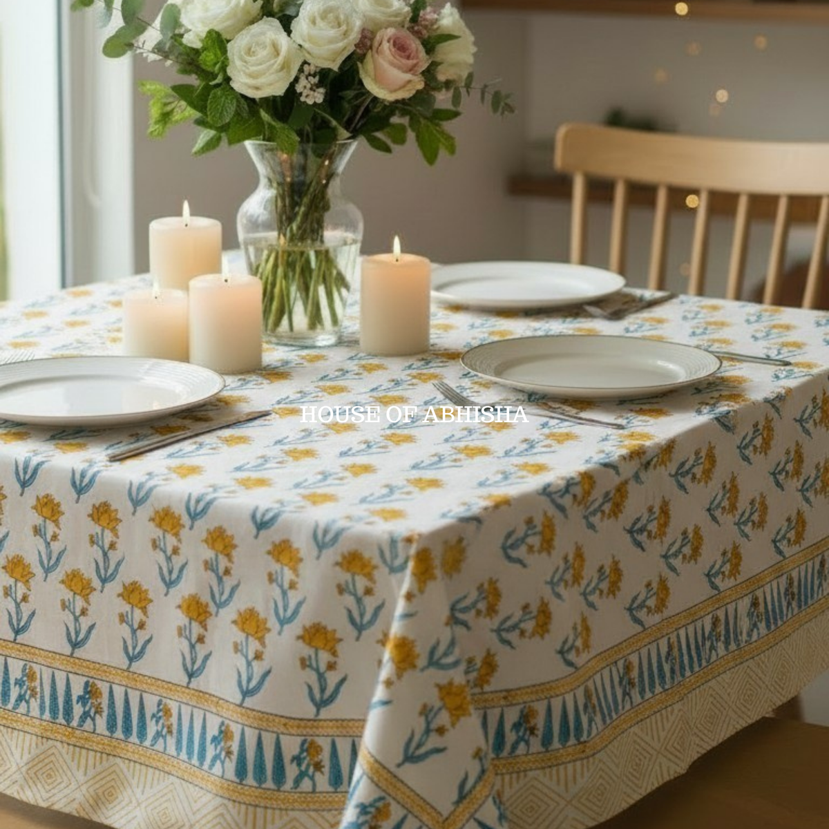 Tulip Bagh Handblock Printed South Cotton Table Cover