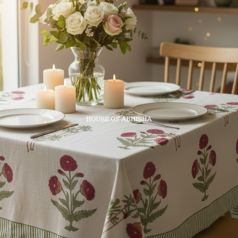Red Marigold Handblock Printed South Cotton Table Cover