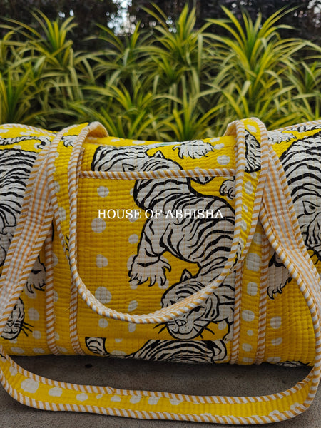 Block Printed Quilted Yellow Tiger Duffle Bag