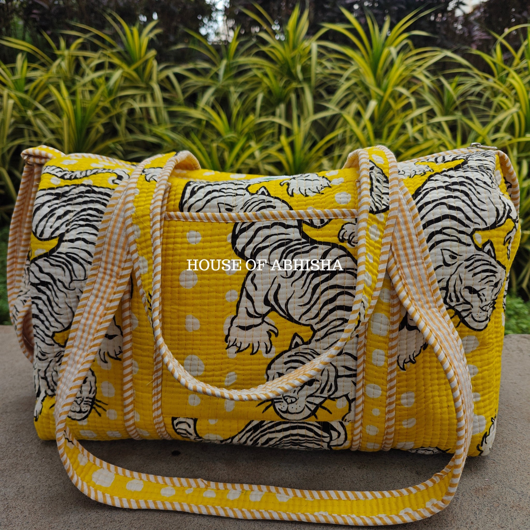Block Printed Quilted Yellow Tiger Duffle Bag