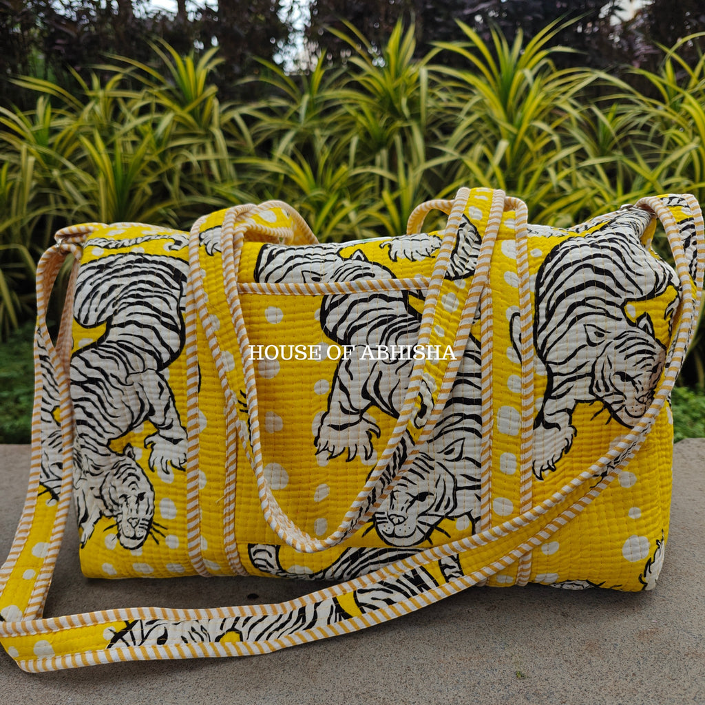 Block Printed Quilted Yellow Tiger Duffle Bag