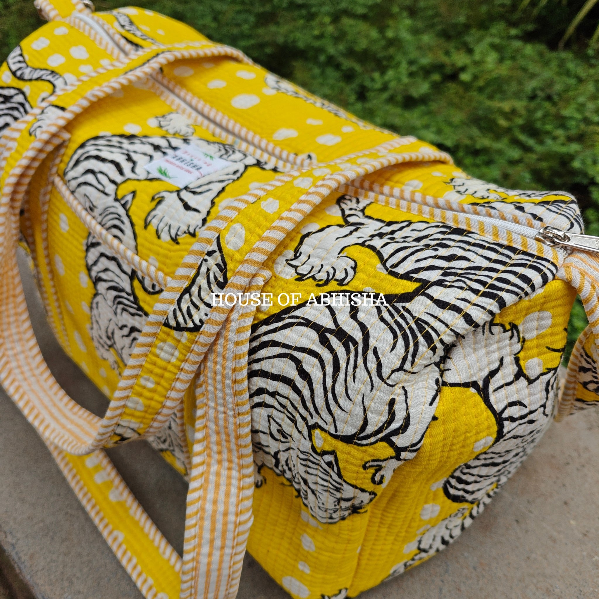 Block Printed Quilted Yellow Tiger Duffle Bag