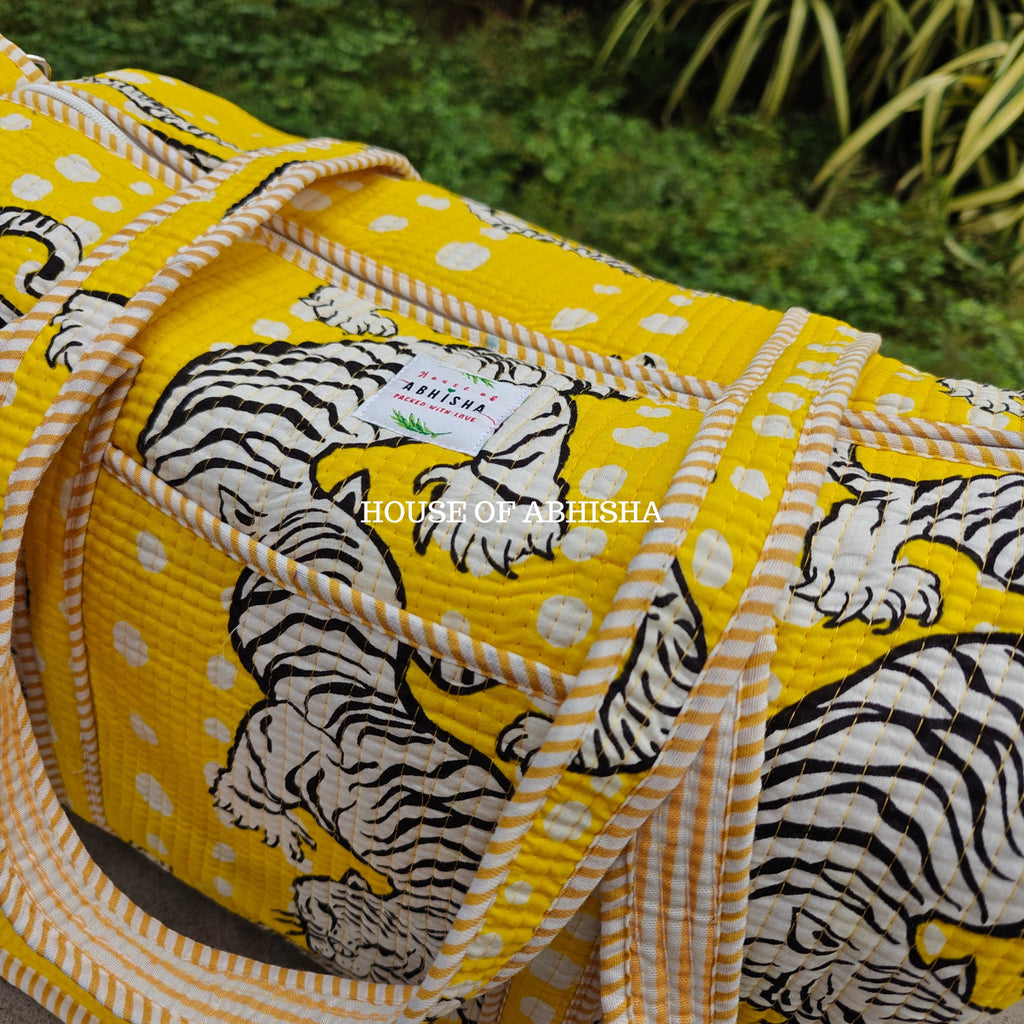 Block Printed Quilted Yellow Tiger Duffle Bag