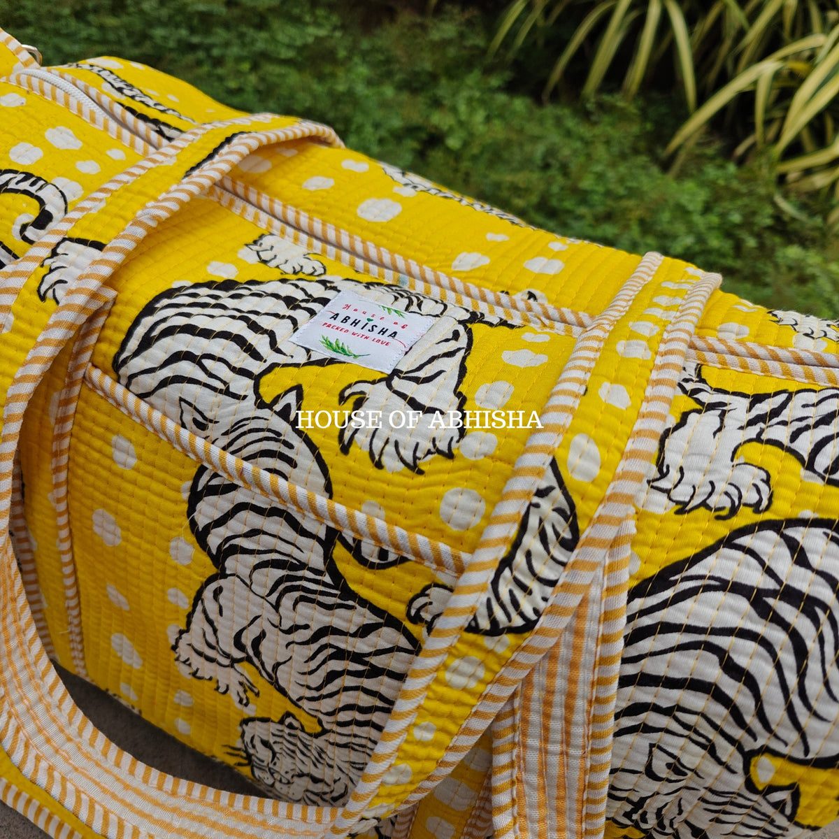 Block Printed Quilted Yellow Tiger Duffle Bag