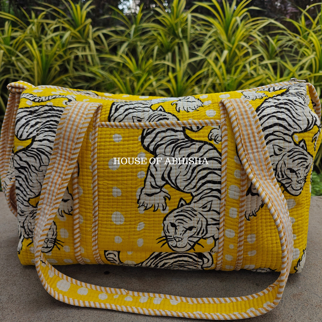 Block Printed Quilted Yellow Tiger Duffle Bag