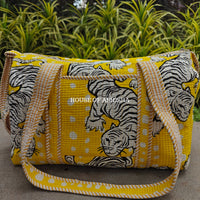 Block Printed Quilted Yellow Tiger Duffle Bag