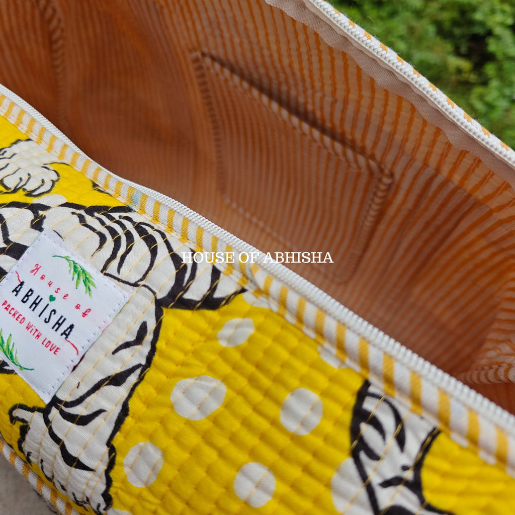 Block Printed Quilted Yellow Tiger Duffle Bag
