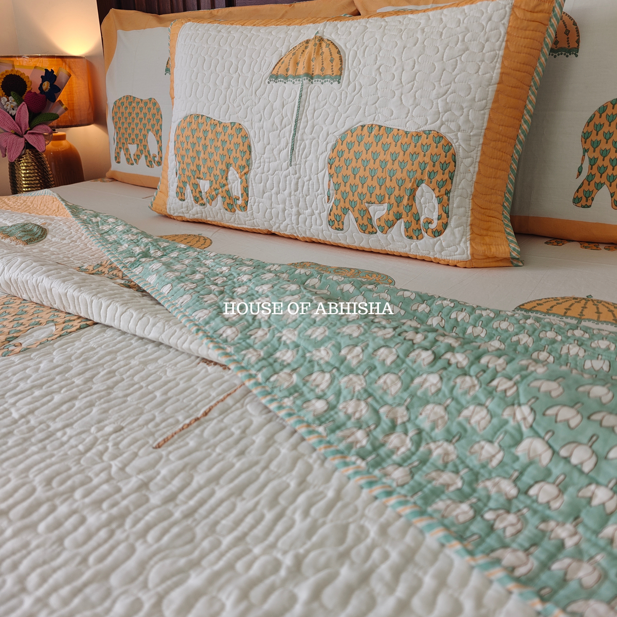 Royal Heritage  Handblock Bedsheet + Quilted Bedcover Combo Set