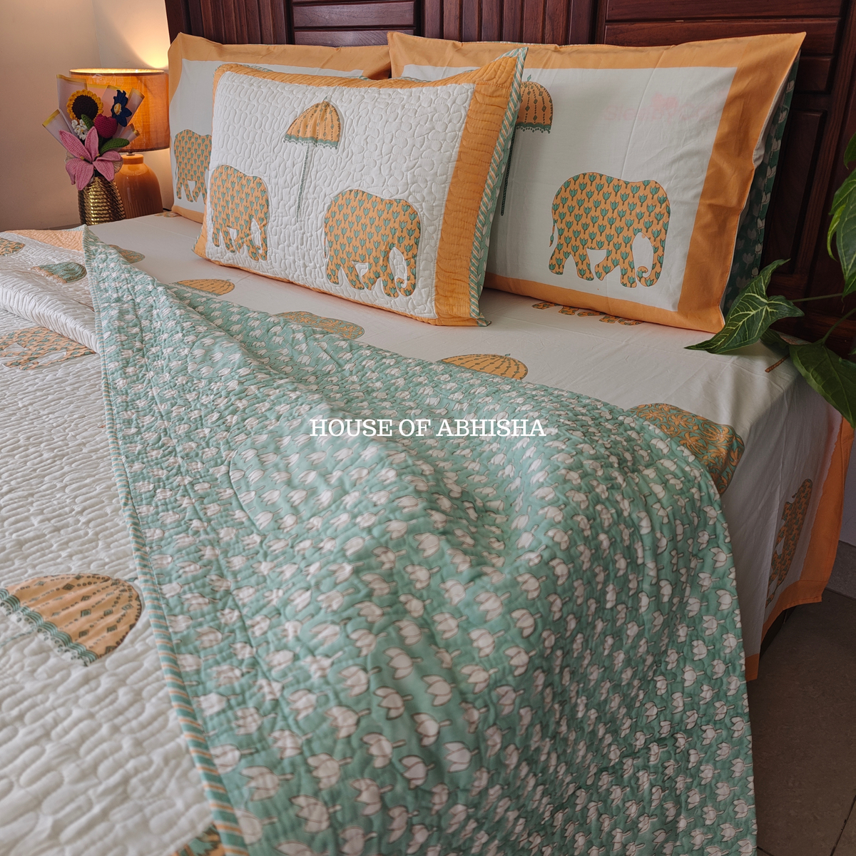 Royal Heritage  Handblock Bedsheet + Quilted Bedcover Combo Set
