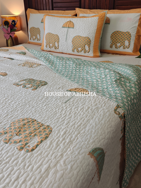 Royal Heritage  Handblock Bedsheet + Quilted Bedcover Combo Set