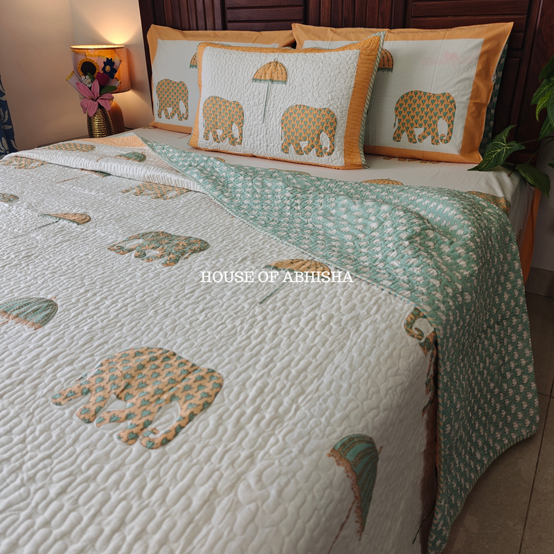 Royal Heritage  Handblock Bedsheet + Quilted Bedcover Combo Set