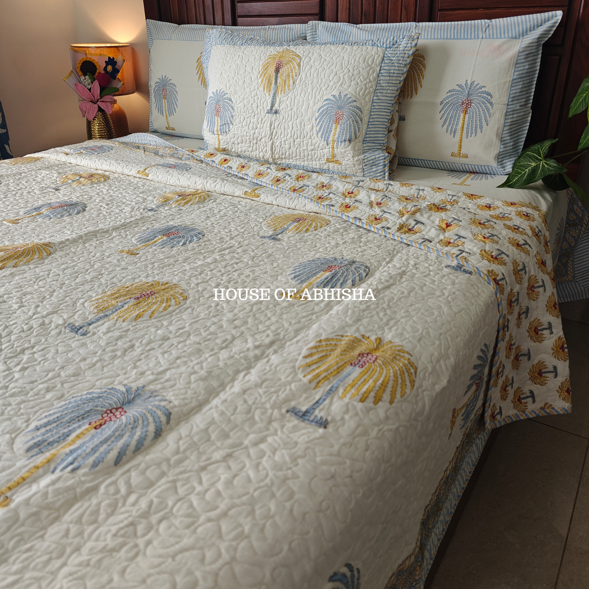 Heritage Palm Handblock Bedsheet + Quilted Bedcover Combo Set