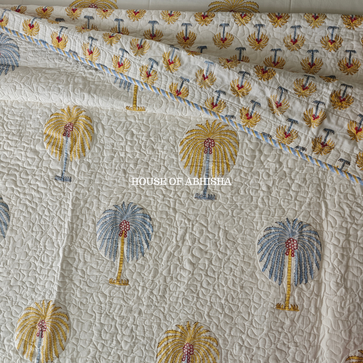 Heritage Palm Handblock Bedsheet + Quilted Bedcover Combo Set