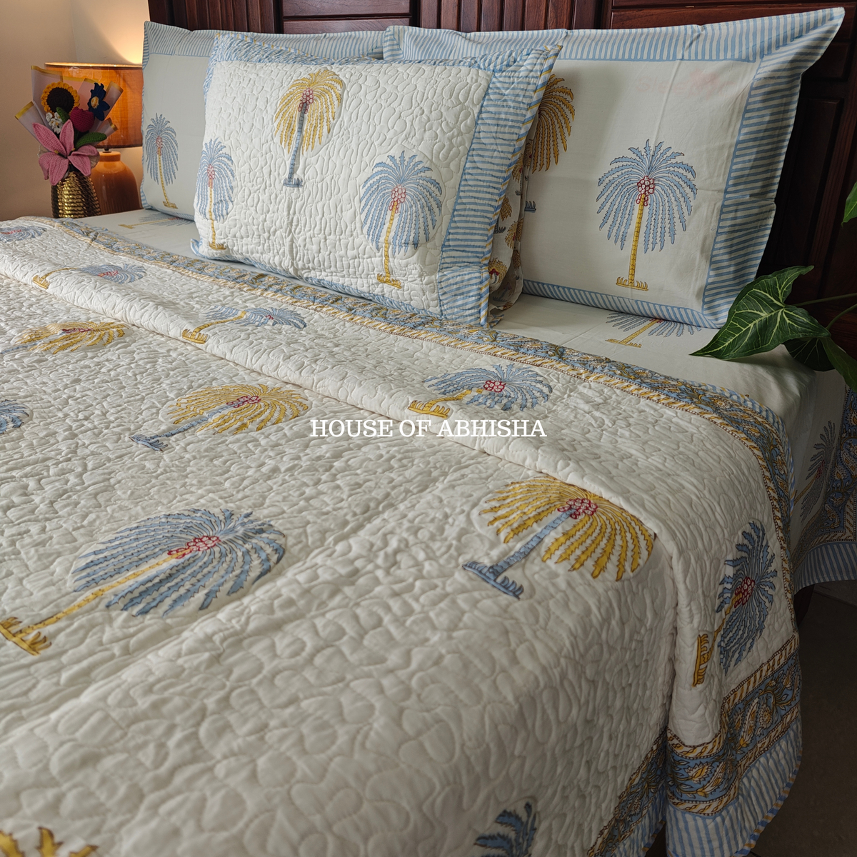 Heritage Palm Handblock Bedsheet + Quilted Bedcover Combo Set