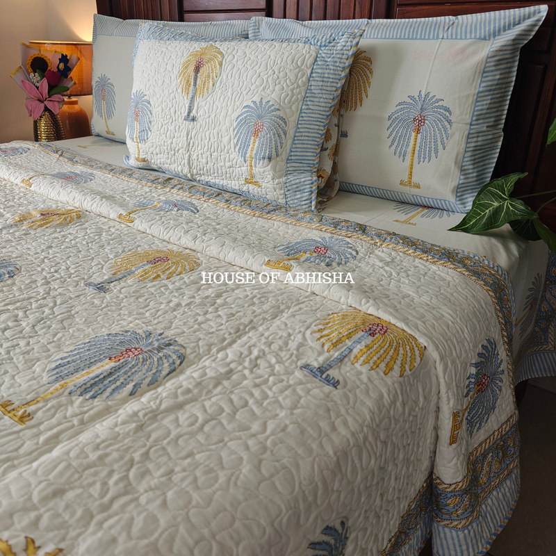 Heritage Palm Handblock Bedsheet + Quilted Bedcover Combo Set
