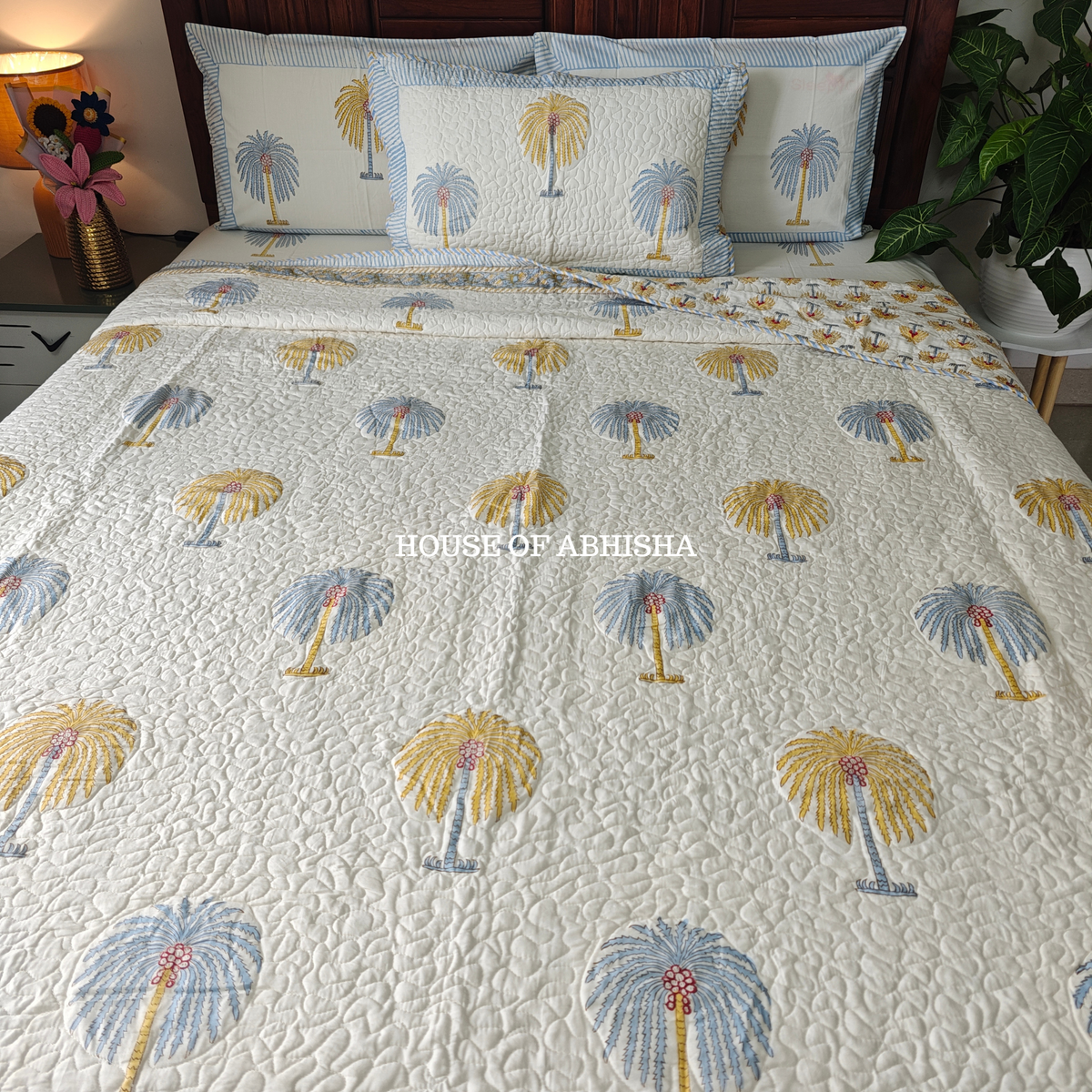 Heritage Palm Handblock Bedsheet + Quilted Bedcover Combo Set