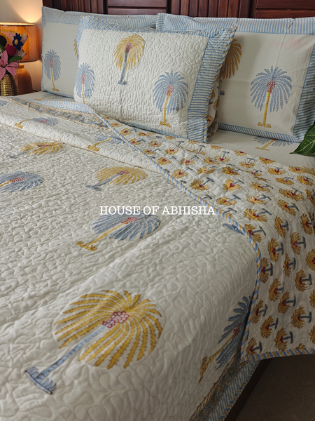 Heritage Palm Handblock Bedsheet + Quilted Bedcover Combo Set