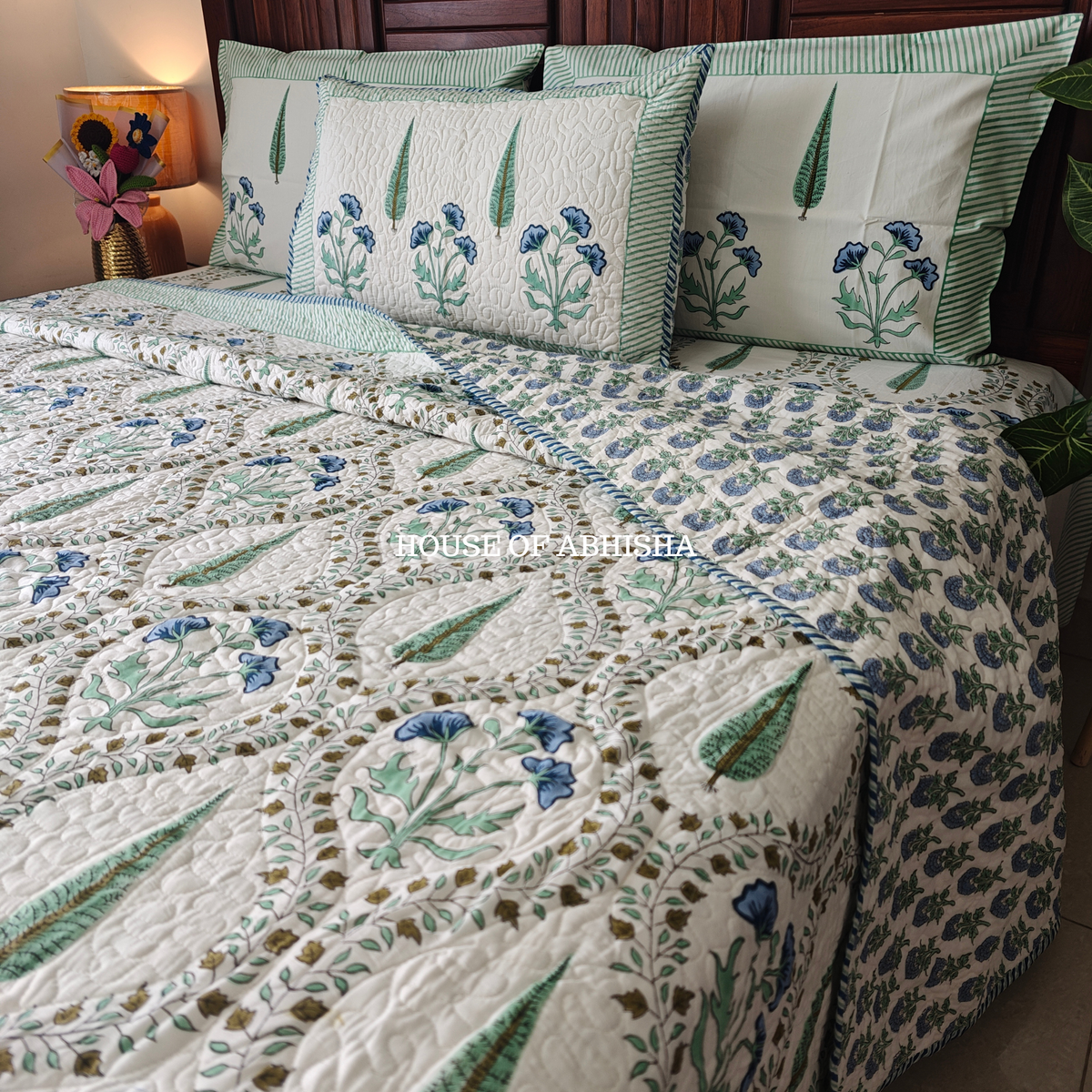Aprajita Handblock Bedsheet + Quilted Bedcover Combo Set
