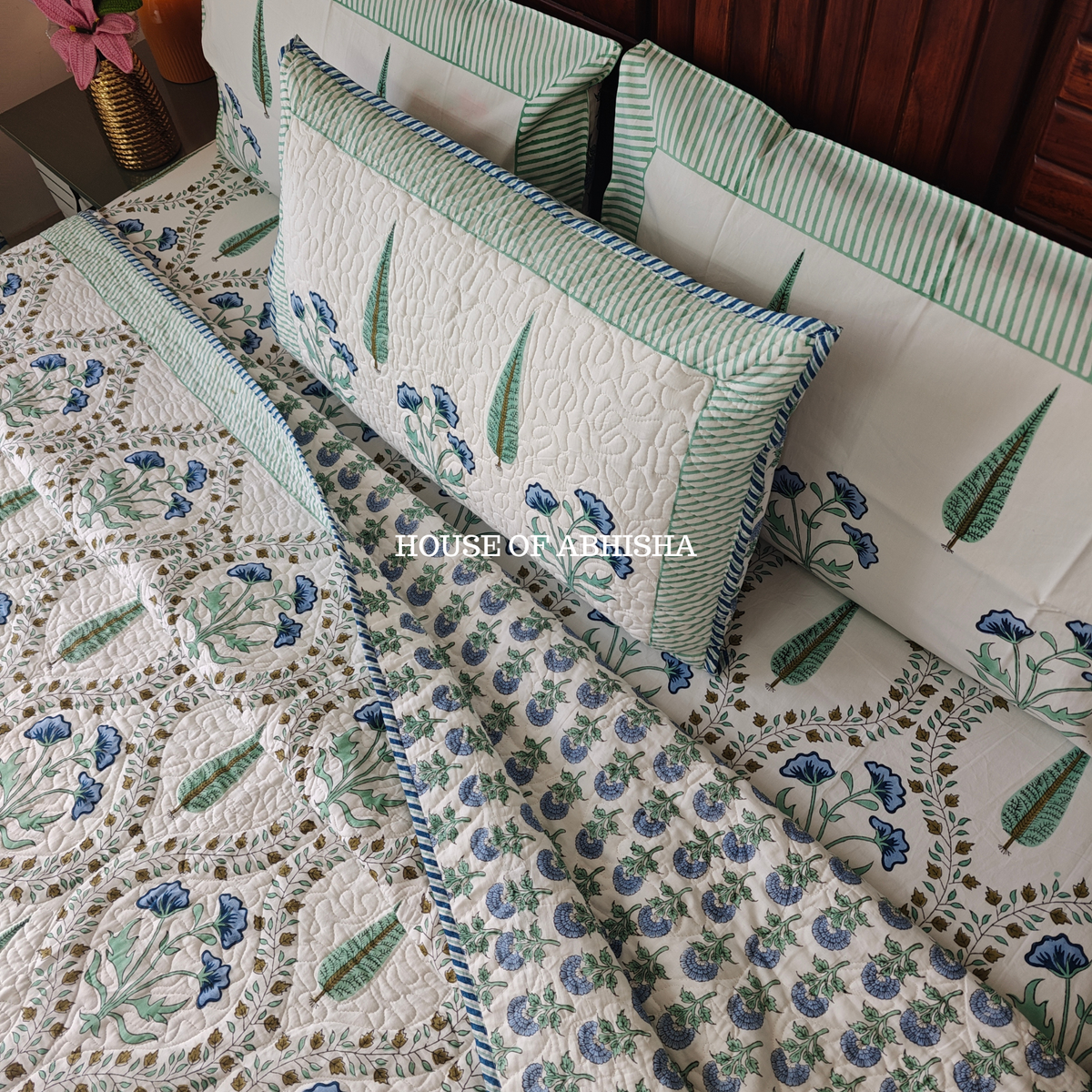 Aprajita Handblock Bedsheet + Quilted Bedcover Combo Set