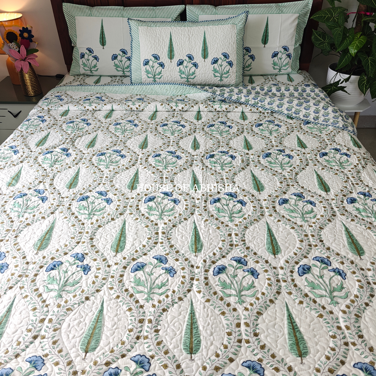 Aprajita Handblock Bedsheet + Quilted Bedcover Combo Set