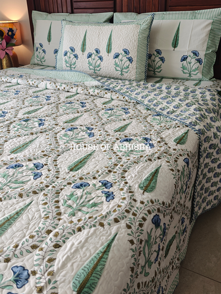 Aprajita Handblock Bedsheet + Quilted Bedcover Combo Set