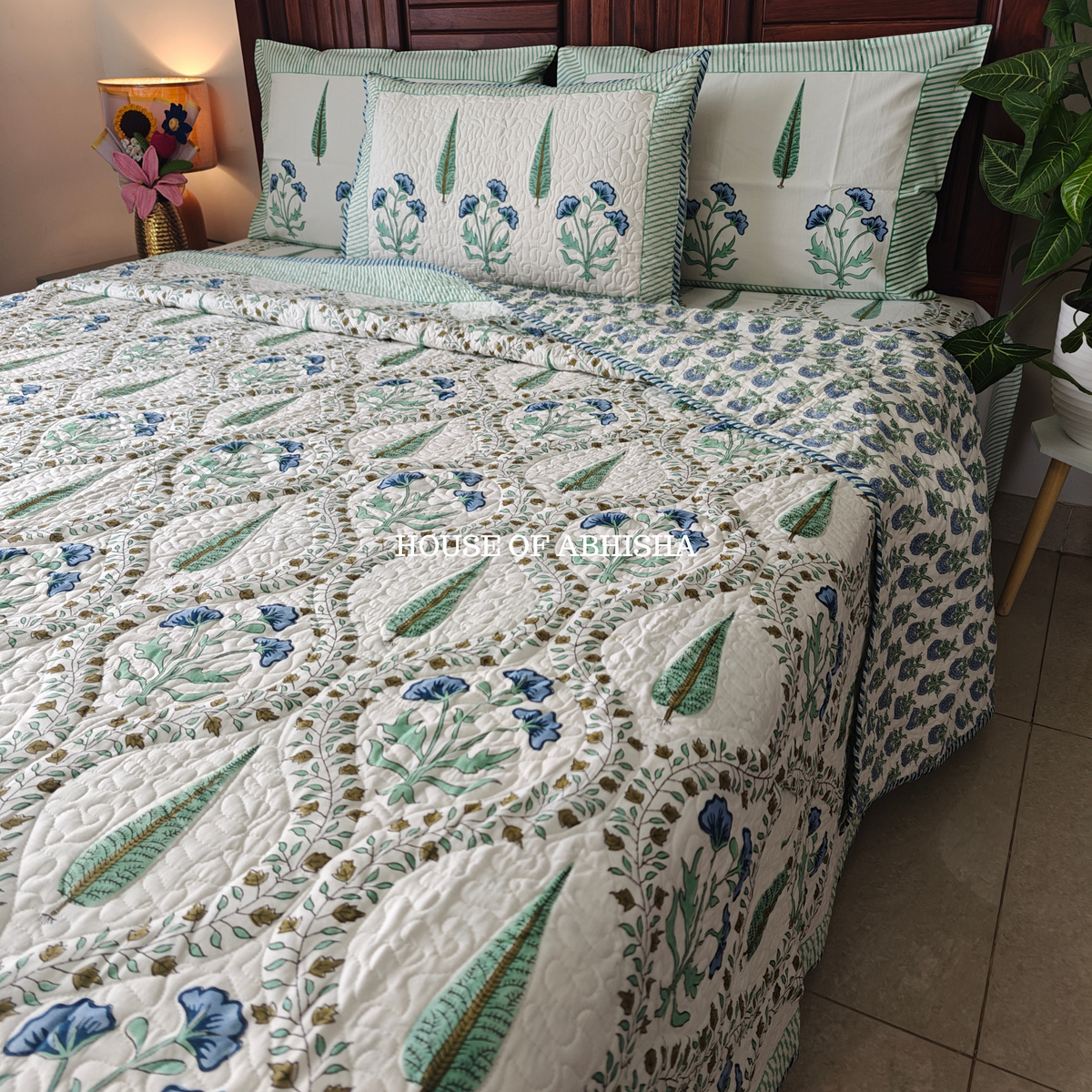 Aprajita Handblock Bedsheet + Quilted Bedcover Combo Set