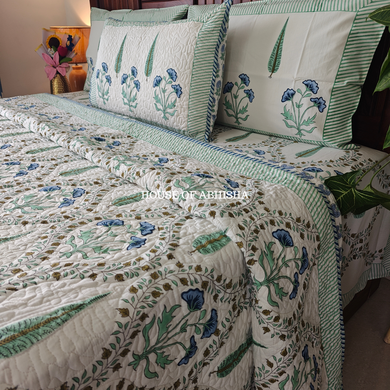Aprajita Handblock Bedsheet + Quilted Bedcover Combo Set