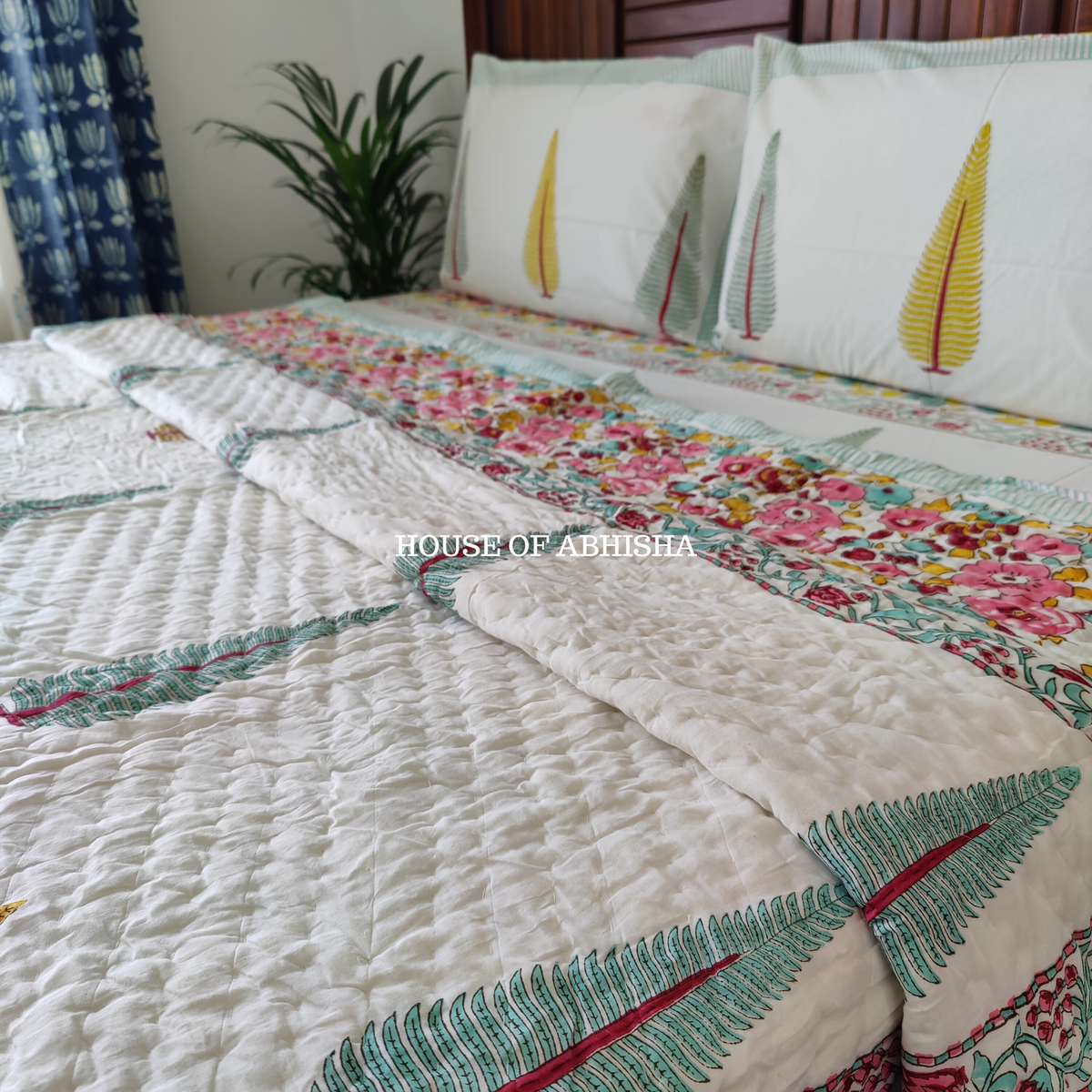 Bageecha Handblock Bedsheet + Quilt Combo Set