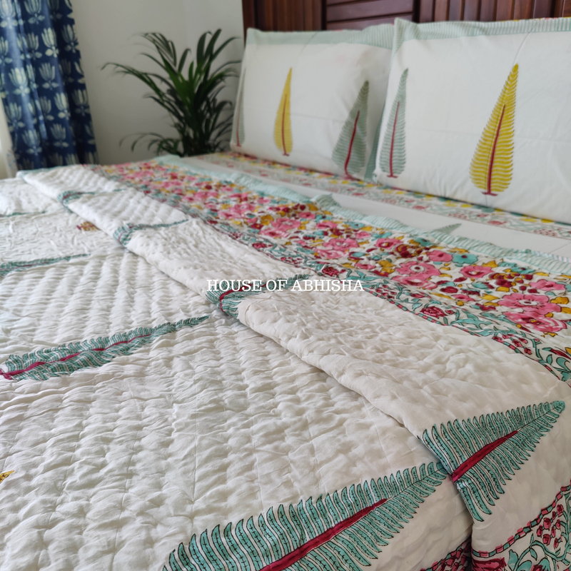 Bageecha Handblock Bedsheet + Quilt Combo Set