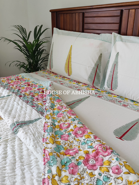 Bageecha Handblock Bedsheet + Quilt Combo Set