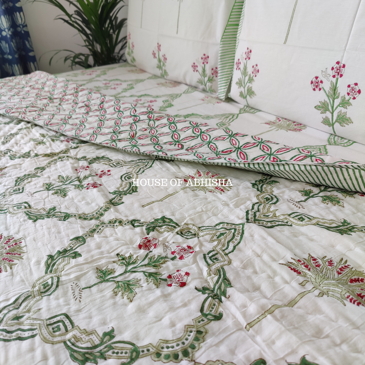 Tropical Rush Handblock Bedsheet + Quilt Combo Set