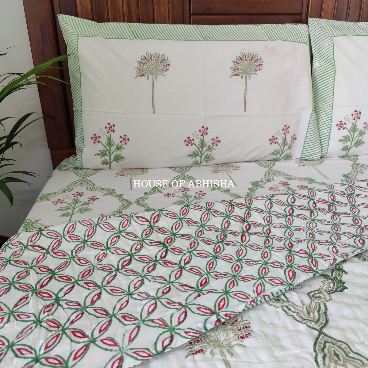 Tropical Rush Handblock Bedsheet + Quilt Combo Set