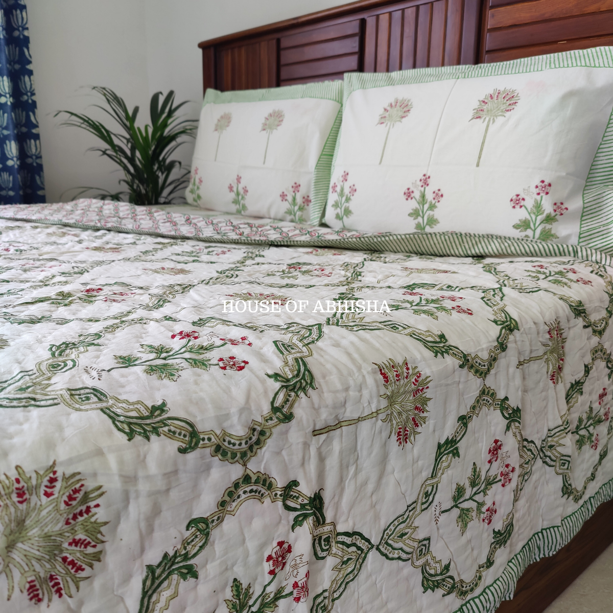 Tropical Rush Handblock Bedsheet + Quilt Combo Set