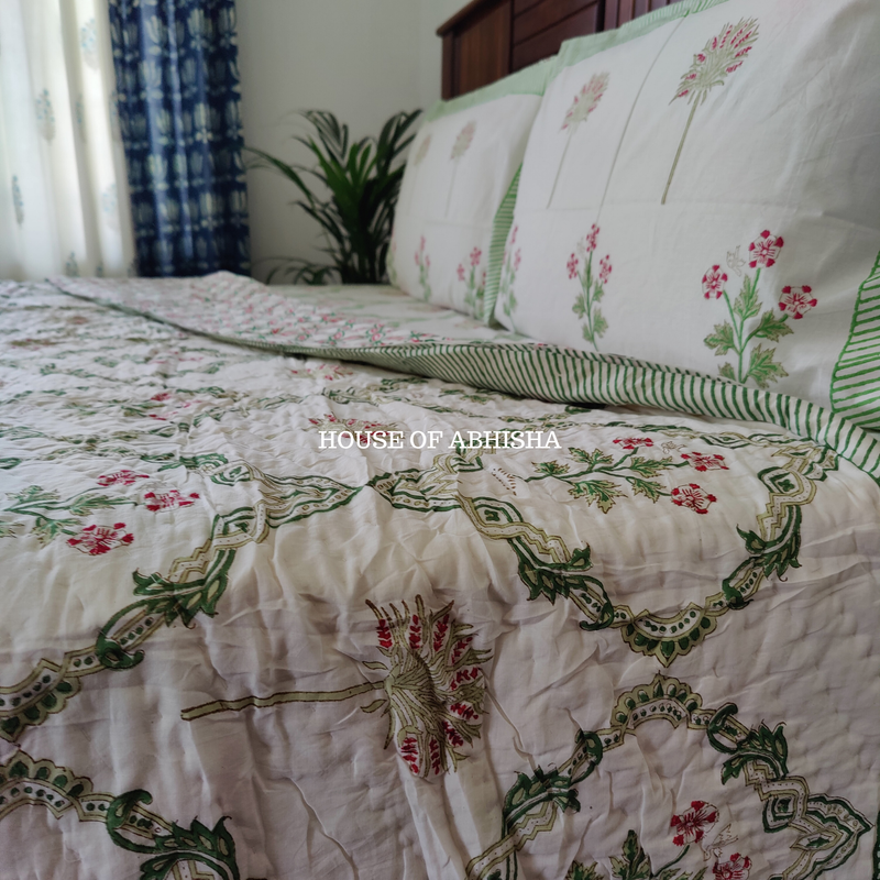 Tropical Rush Handblock Bedsheet + Quilt Combo Set