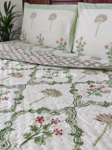 Tropical Rush Handblock Bedsheet + Quilt Combo Set