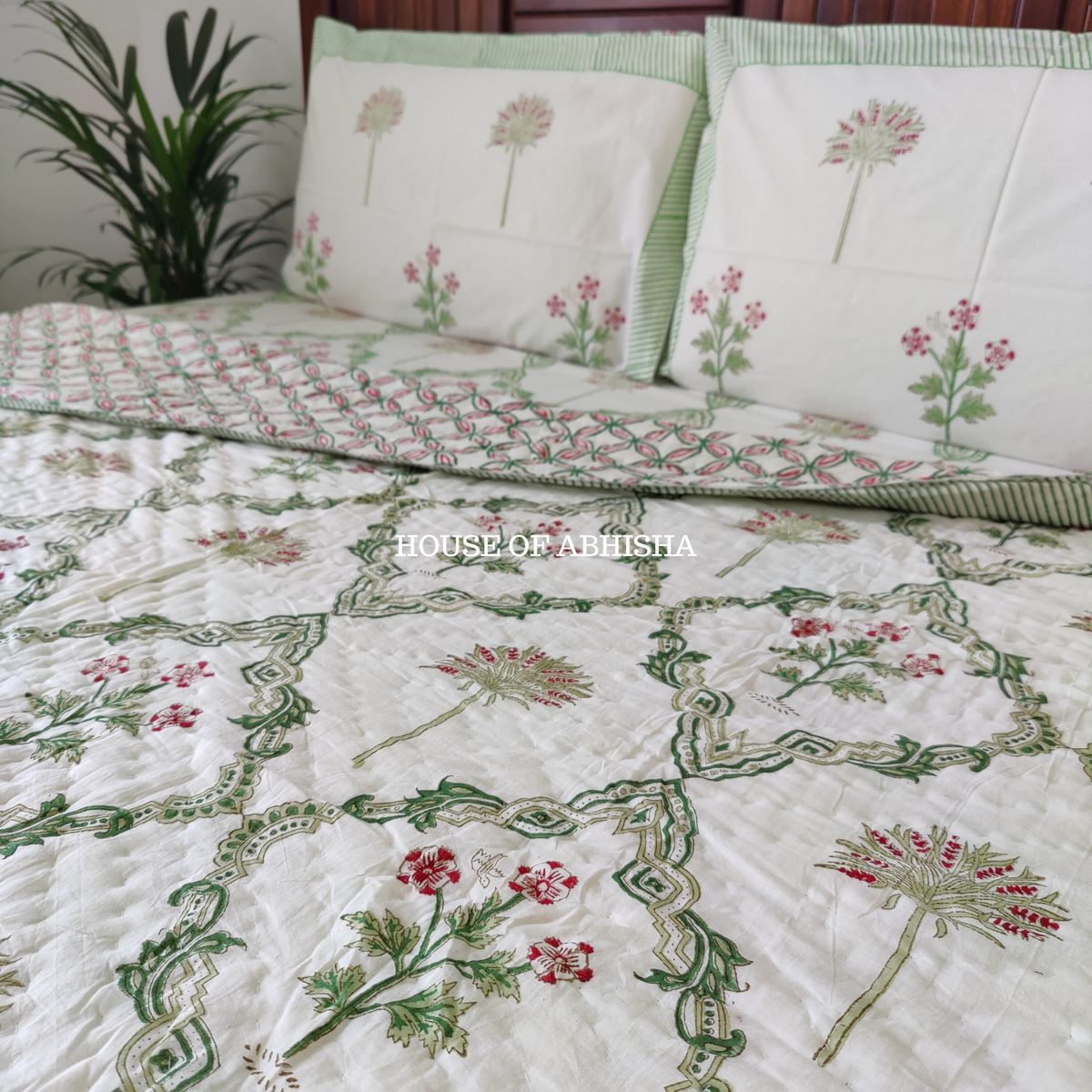 Tropical Rush Handblock Bedsheet + Quilt Combo Set