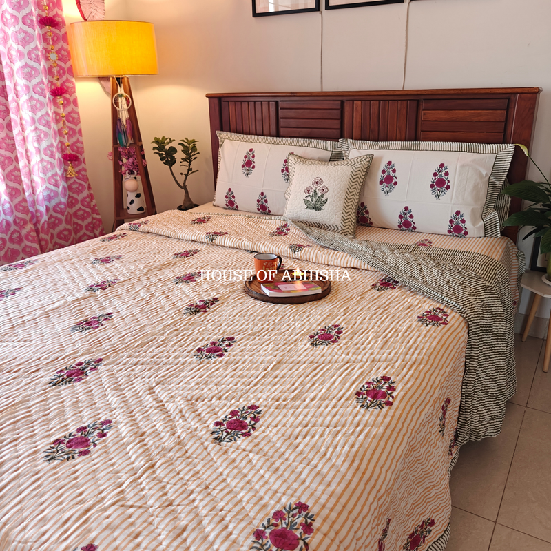 Noor Bagh Handblock Bedsheet + Quilt Combo Set