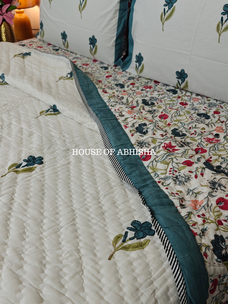 French Garden Handblock Bedsheet + Quilt Combo Set