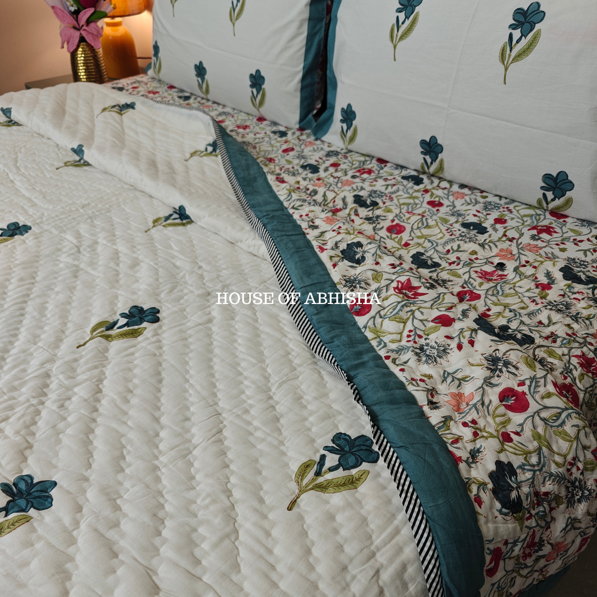 French Garden Handblock Bedsheet + Quilt Combo Set