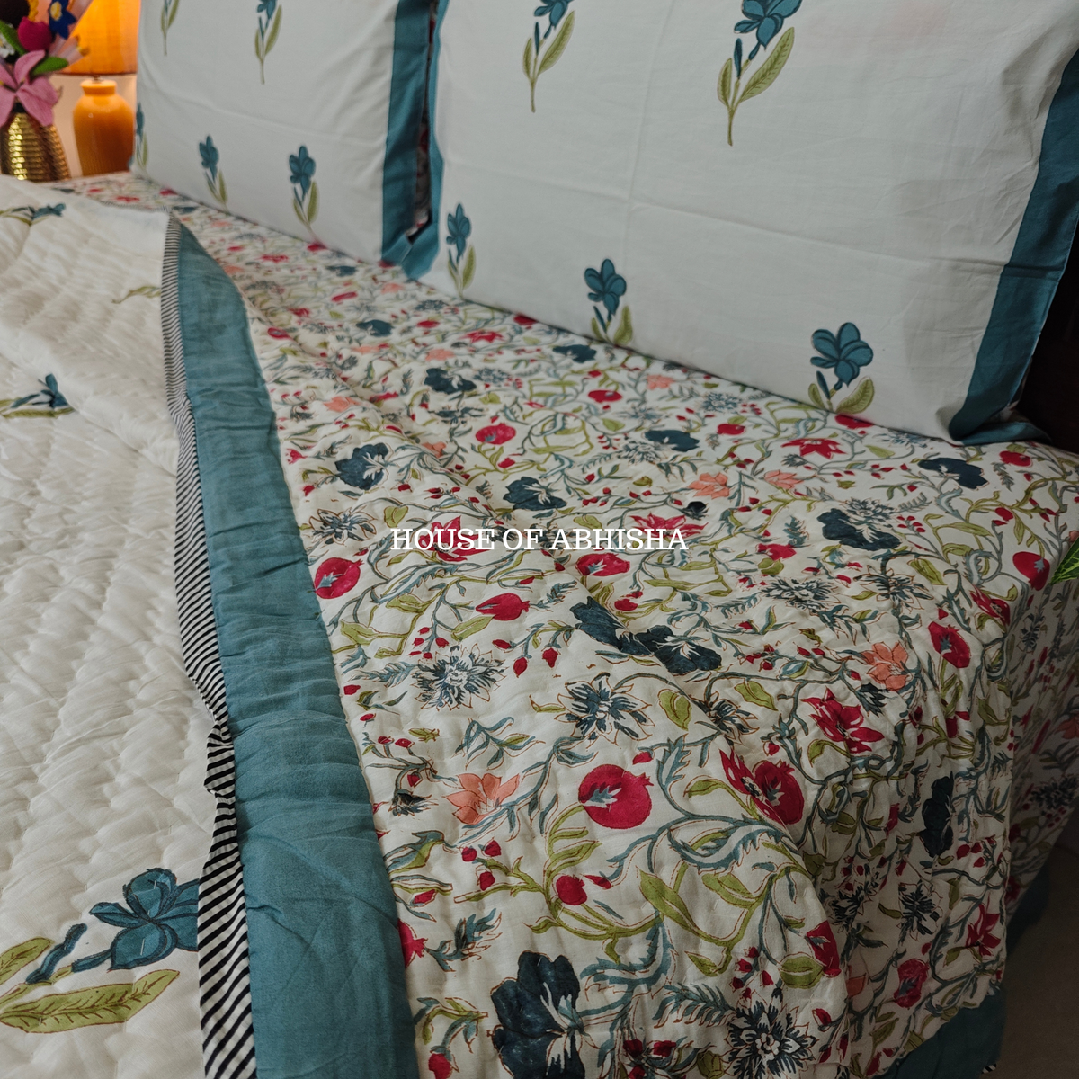French Garden Handblock Bedsheet + Quilt Combo Set