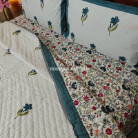 French Garden Handblock Bedsheet + Quilt Combo Set