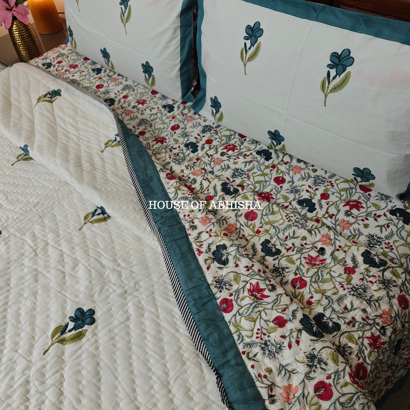 French Garden Handblock Bedsheet + Quilt Combo Set