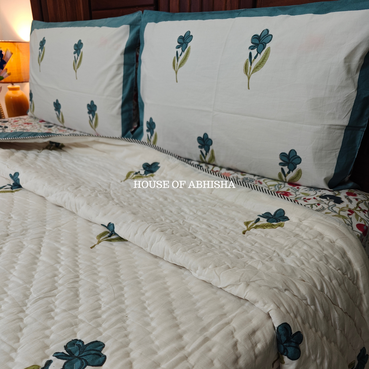 French Garden Handblock Bedsheet + Quilt Combo Set