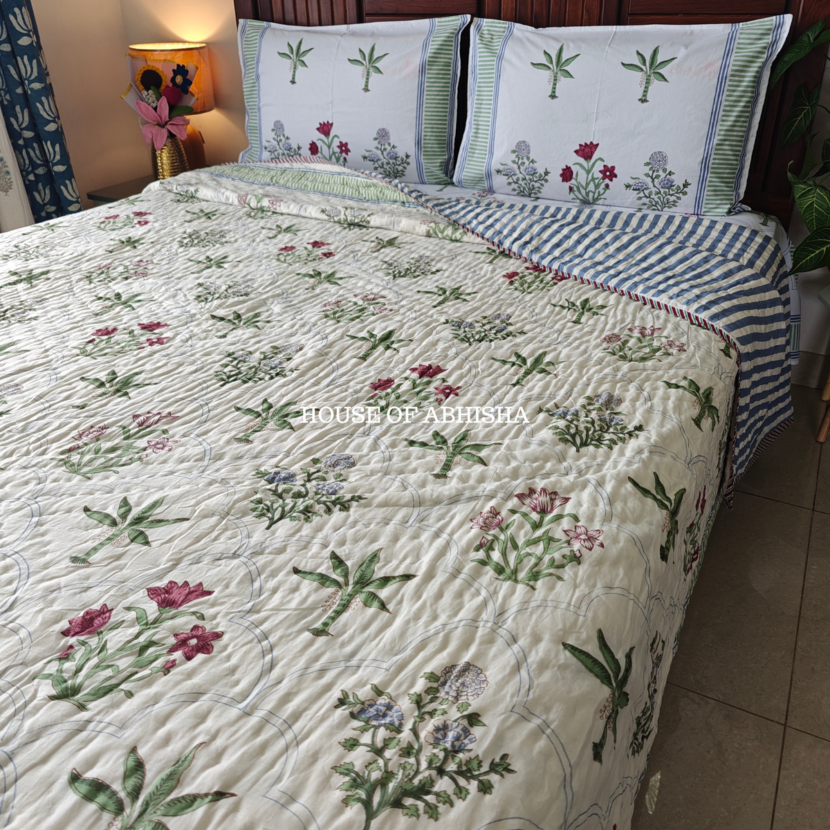 Island Beauty Handblock Bedsheet + Quilt Combo Set