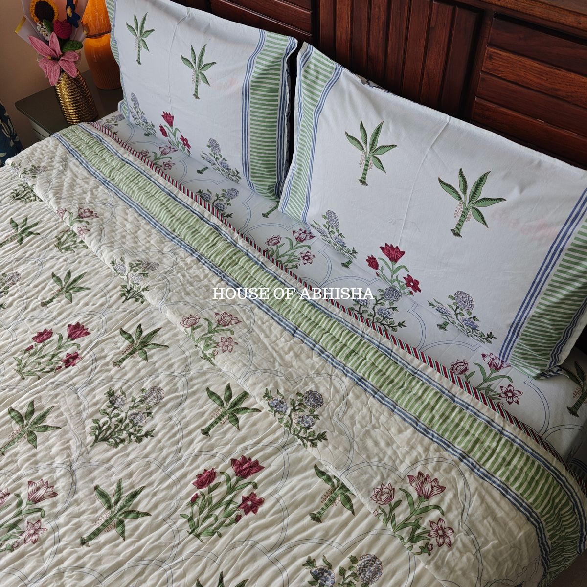 Island Beauty Handblock Bedsheet + Quilt Combo Set
