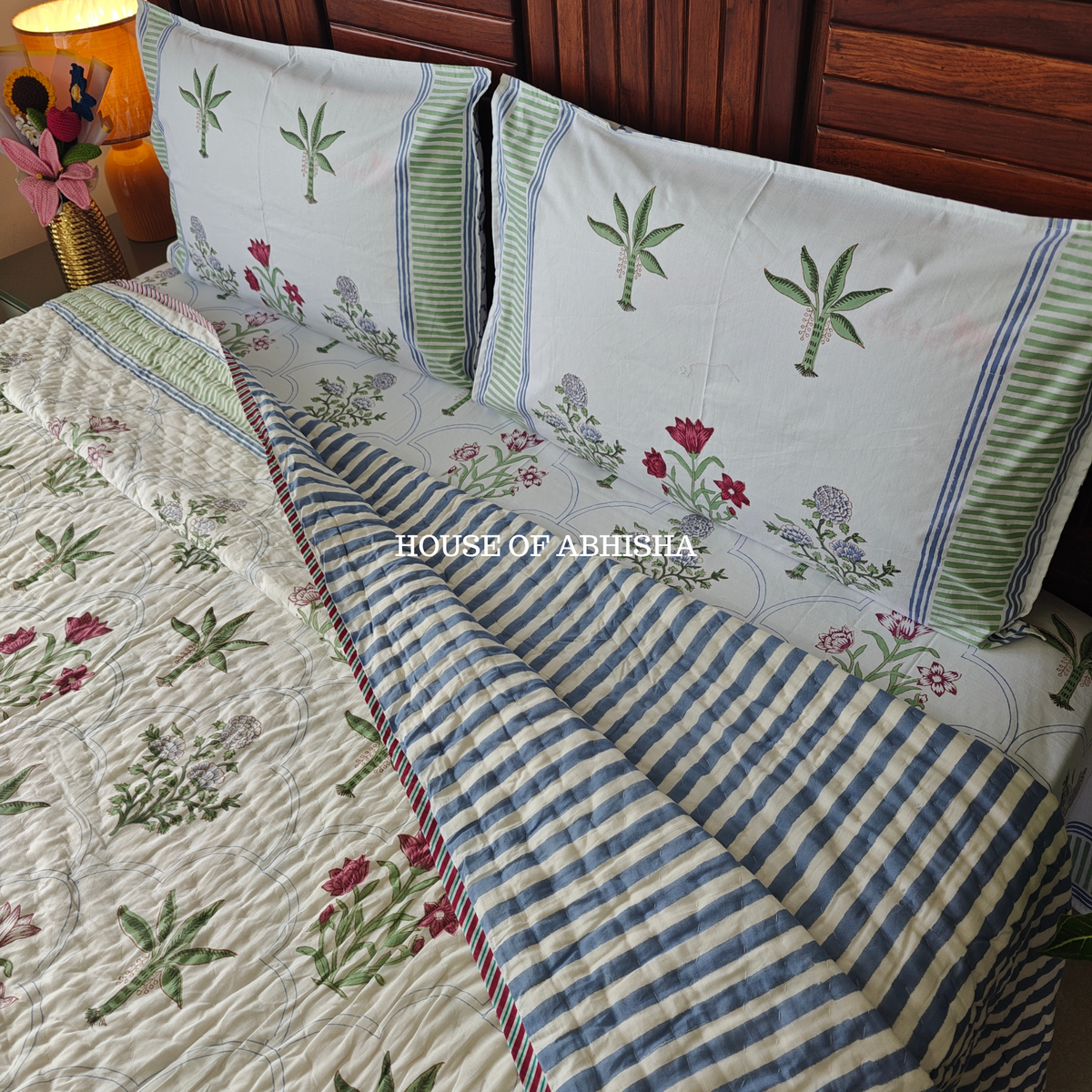 Island Beauty Handblock Bedsheet + Quilt Combo Set